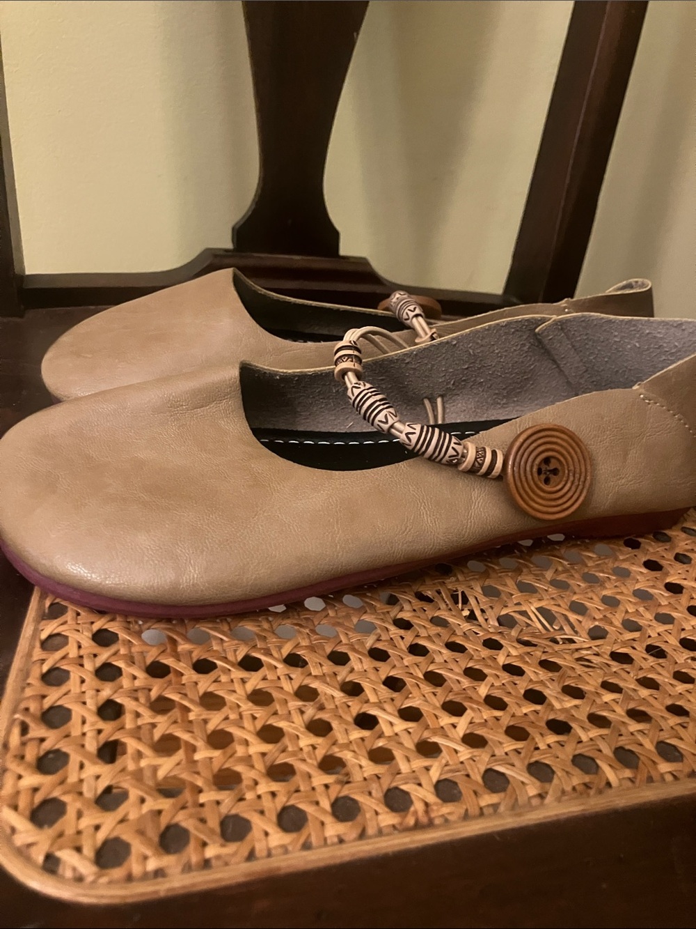 SHEIN Taupe Slip-On Ballet Flats with Beaded Button Accent